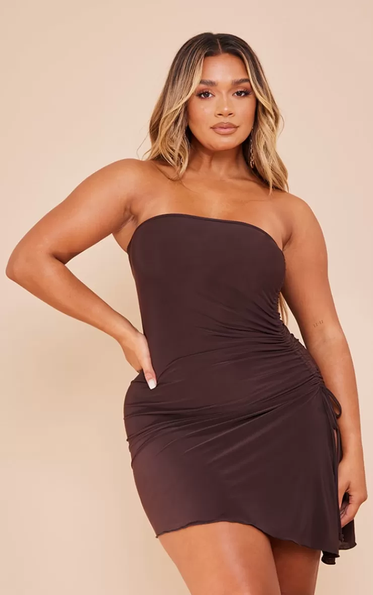PrettyLittleThing Shape Slinky Bandeau Ruched Side Frill Hem Bodycon Dress< Going Out