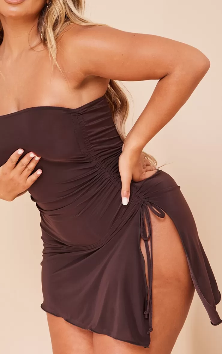 PrettyLittleThing Shape Slinky Bandeau Ruched Side Frill Hem Bodycon Dress< Going Out