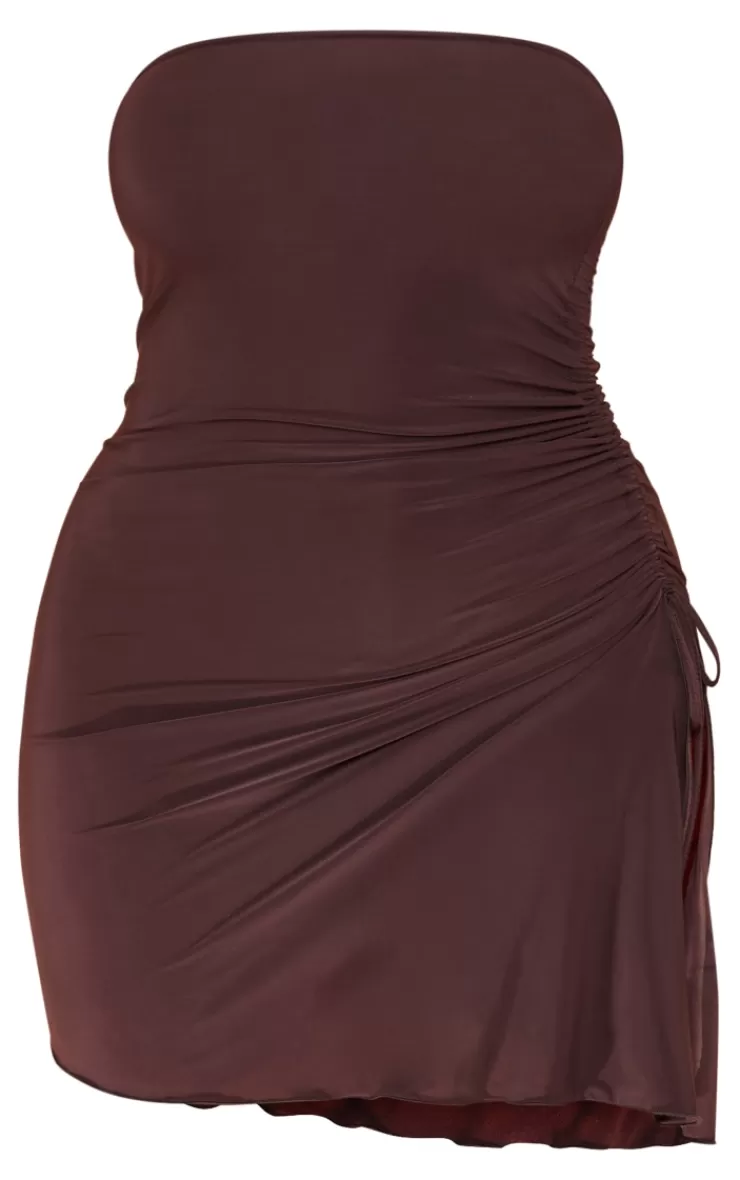 PrettyLittleThing Shape Slinky Bandeau Ruched Side Frill Hem Bodycon Dress< Going Out