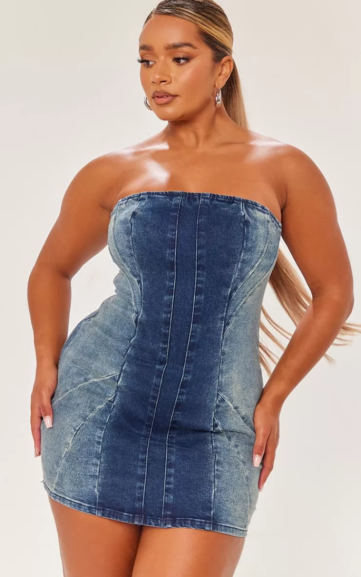 PrettyLittleThing Shape Denim Seam Detail Bandeau Dress< Strapless Dresses