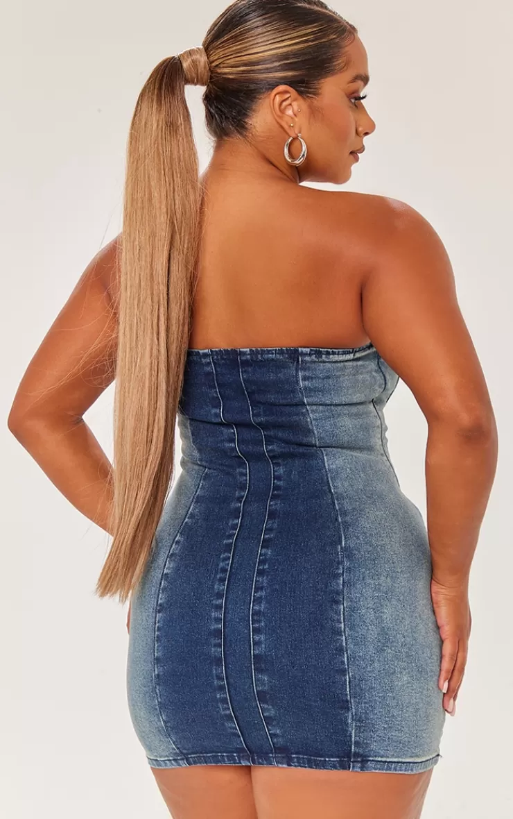 PrettyLittleThing Shape Denim Seam Detail Bandeau Dress< Strapless Dresses