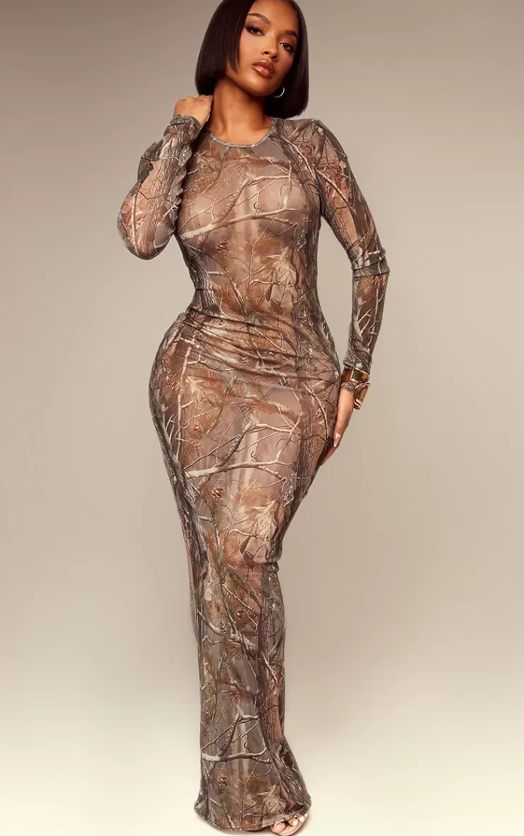 PrettyLittleThing Shape Abstract Camo Print Long Sleeve Maxi Dress< Maxi Dresses