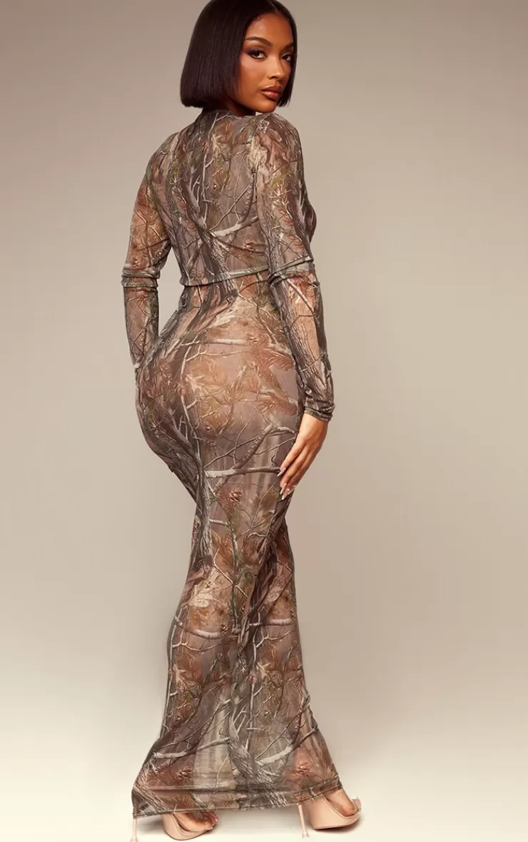 PrettyLittleThing Shape Abstract Camo Print Long Sleeve Maxi Dress< Maxi Dresses