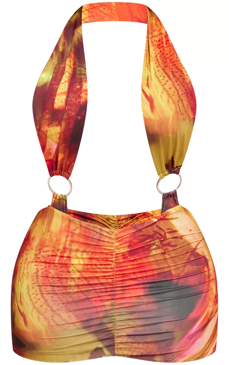 PrettyLittleThing Shape Abstact Printed Slinky Halterneck Ring Detail Bodycon Dress< Going Out