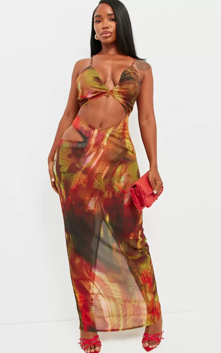 PrettyLittleThing Shape Abstract Print Chiffon Strappy Cut Out Maxi Dress< Going Out