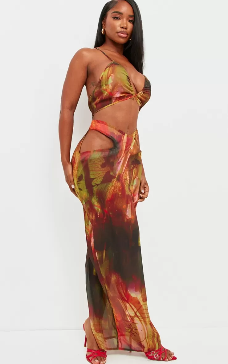 PrettyLittleThing Shape Abstract Print Chiffon Strappy Cut Out Maxi Dress< Going Out