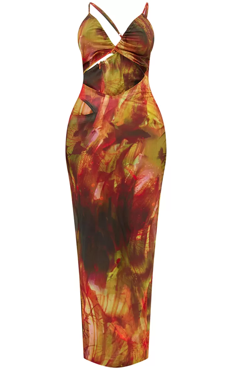 PrettyLittleThing Shape Abstract Print Chiffon Strappy Cut Out Maxi Dress< Going Out