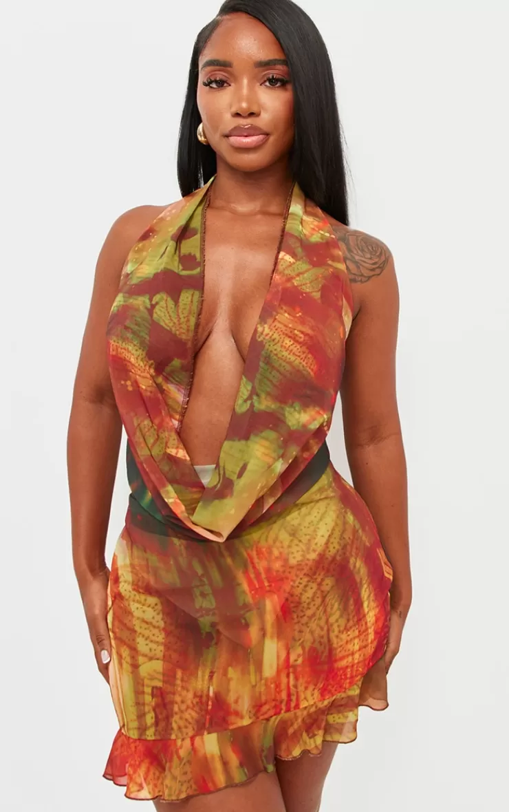 PrettyLittleThing Shape Abstract Printed Cowl Neck Frill Detail Bodycon Dress< Going Out