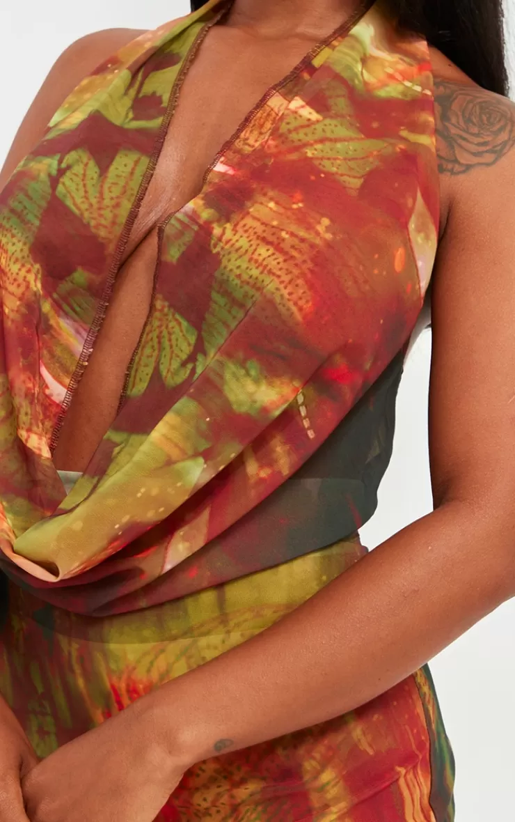 PrettyLittleThing Shape Abstract Printed Cowl Neck Frill Detail Bodycon Dress< Going Out