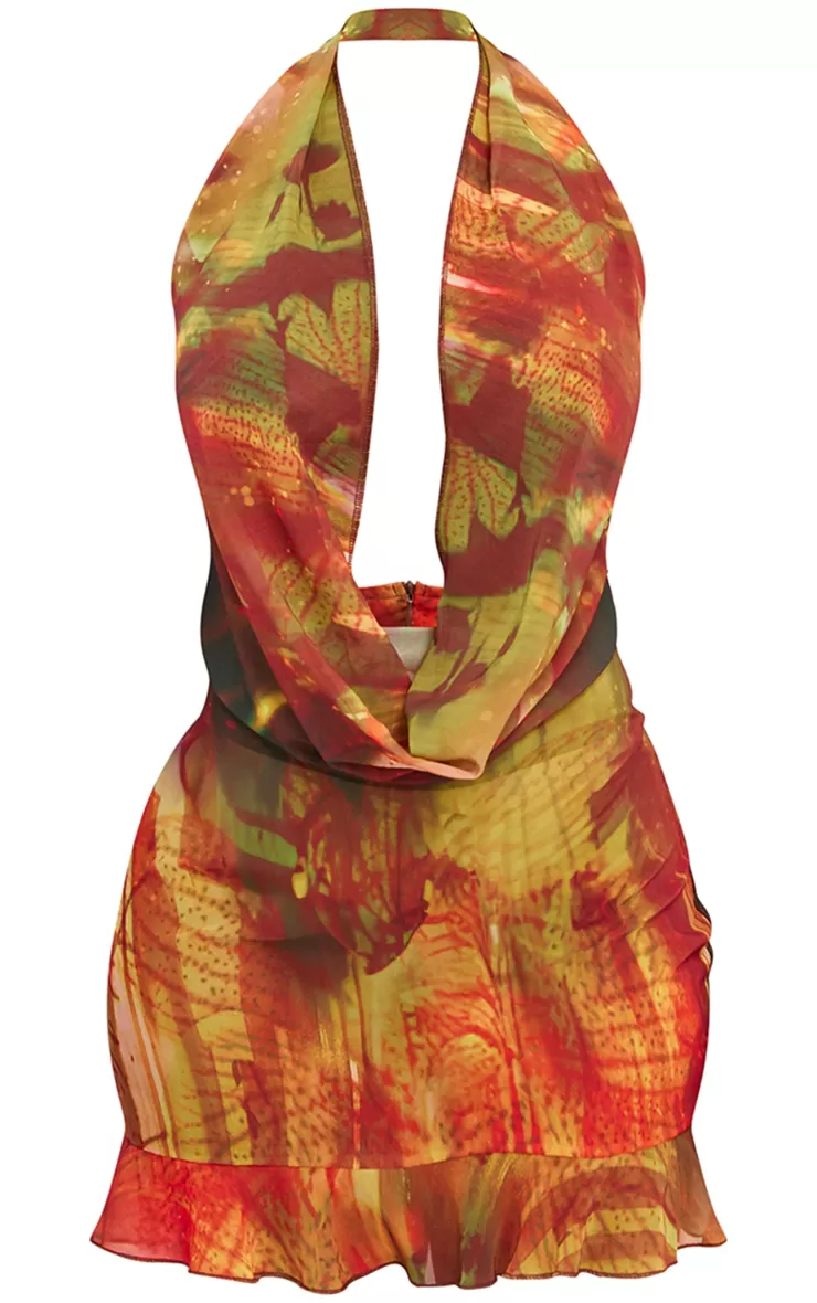 PrettyLittleThing Shape Abstract Printed Cowl Neck Frill Detail Bodycon Dress< Going Out