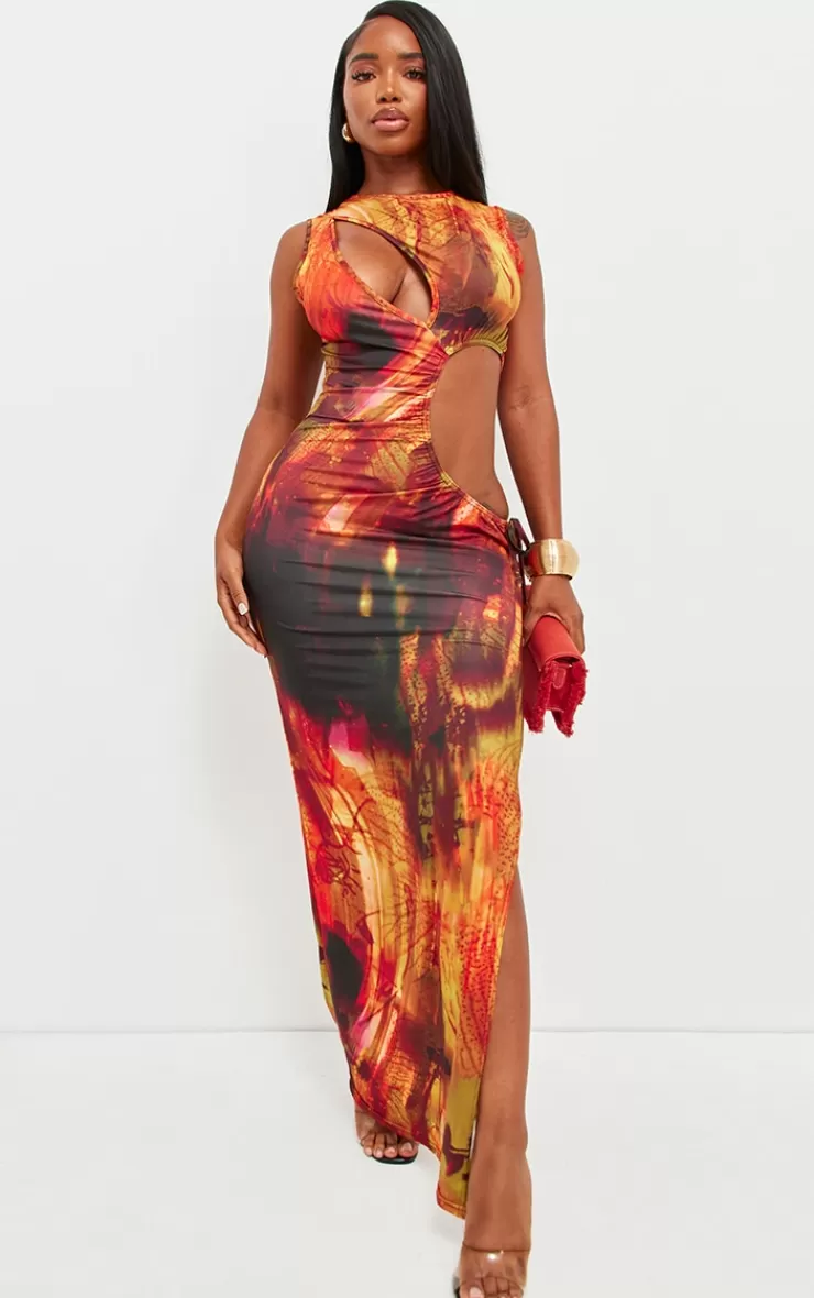 PrettyLittleThing Shape Abstract Printed Slinky Cut Out Split Maxi Dress< Going Out