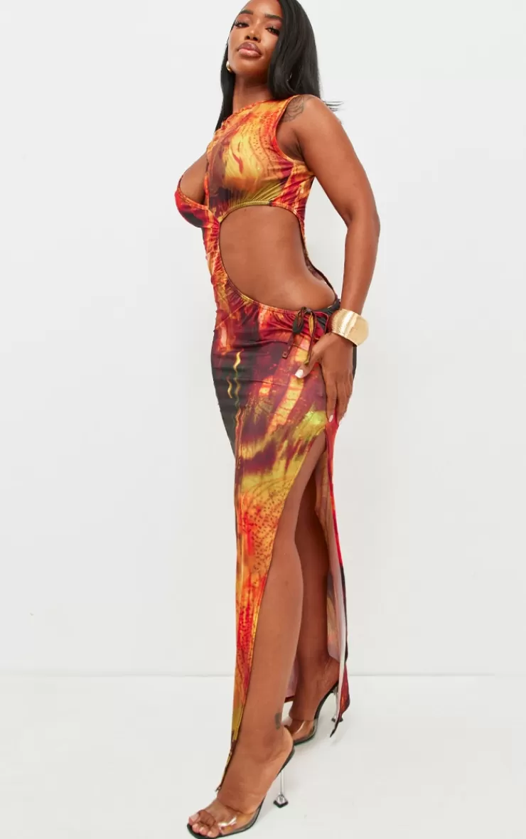 PrettyLittleThing Shape Abstract Printed Slinky Cut Out Split Maxi Dress< Going Out