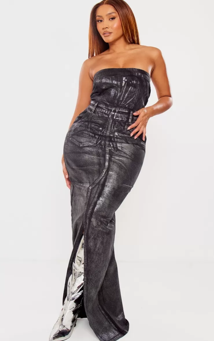 PrettyLittleThing Shape Metallic Denim Bandeau Maxi Dress< Strapless Dresses