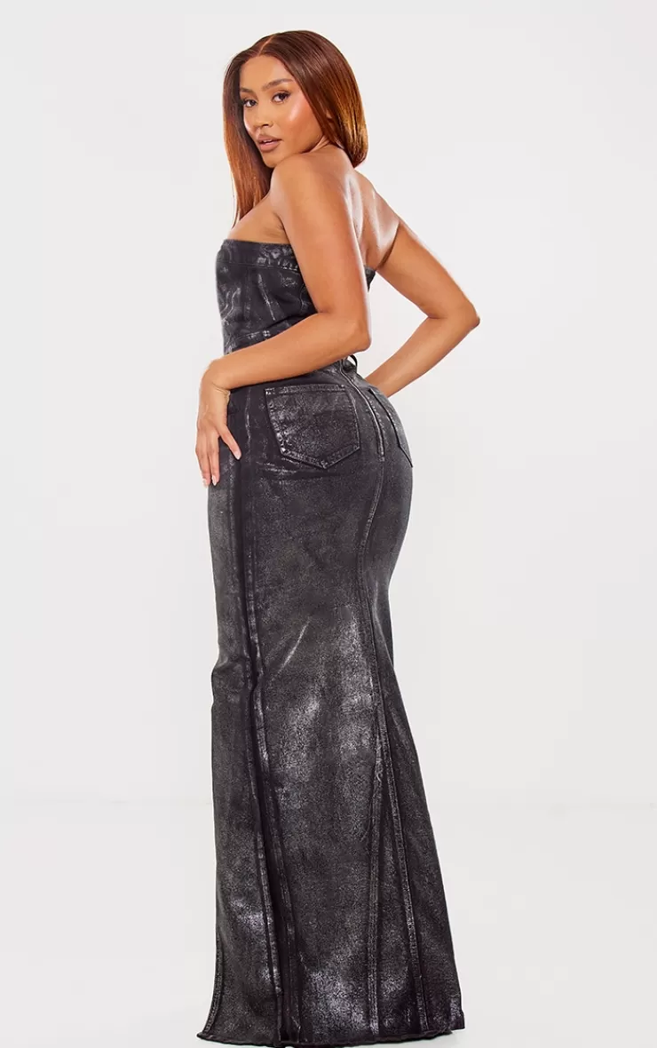 PrettyLittleThing Shape Metallic Denim Bandeau Maxi Dress< Strapless Dresses