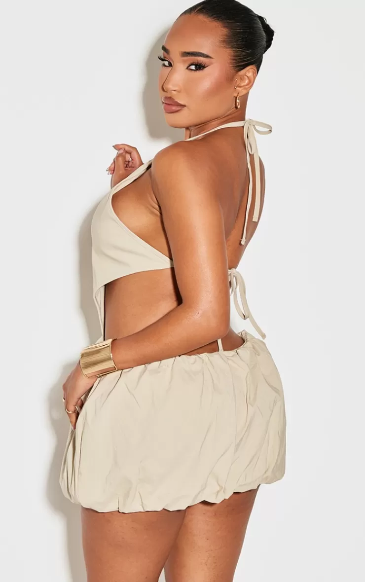 PrettyLittleThing Shape Halter Neck Plunge Front Open Back Puffball Mini Dress< Going Out