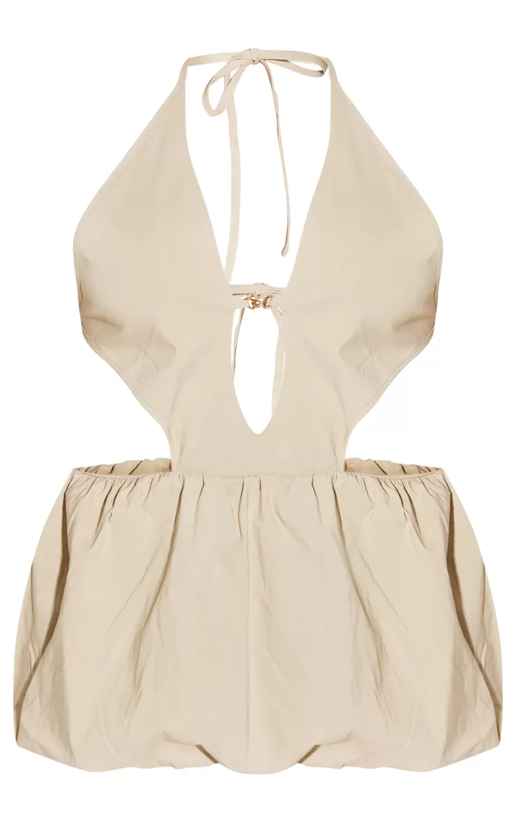 PrettyLittleThing Shape Halter Neck Plunge Front Open Back Puffball Mini Dress< Going Out