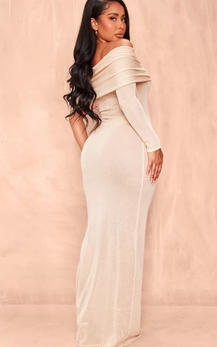 PrettyLittleThing Shape Sheer Knit Foldover One Sleeve Maxi Dress< Maxi Dresses