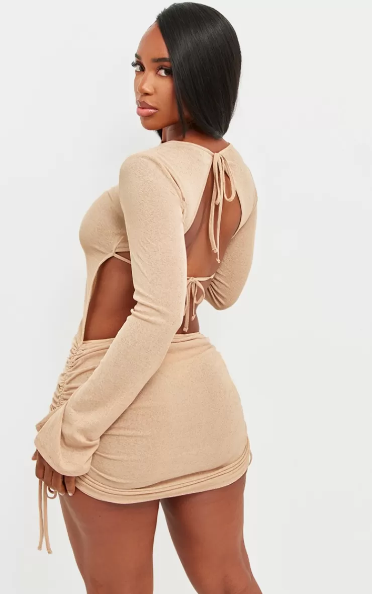 PrettyLittleThing Shape Sheer Mesh Long Sleeve Cut Out Back Ruched Bodycon Dress< Going Out