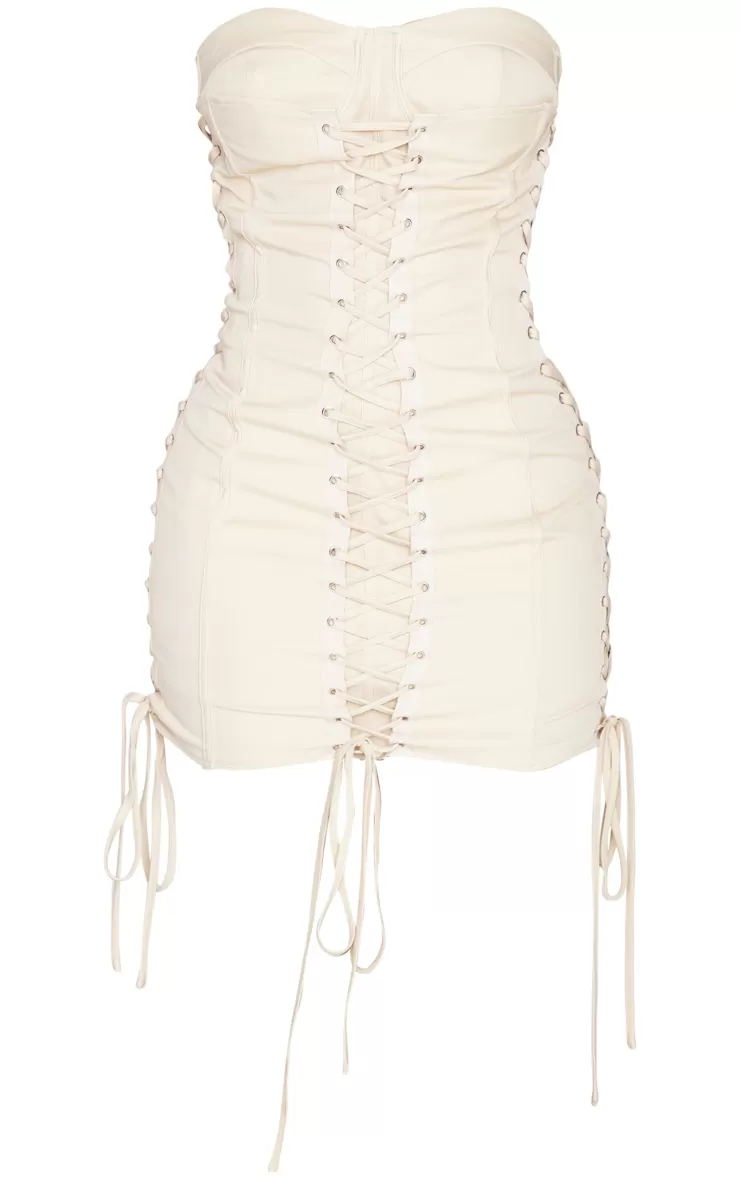PrettyLittleThing Shape Woven Lace Up Corset Bandeau Bodycon Dress< Going Out