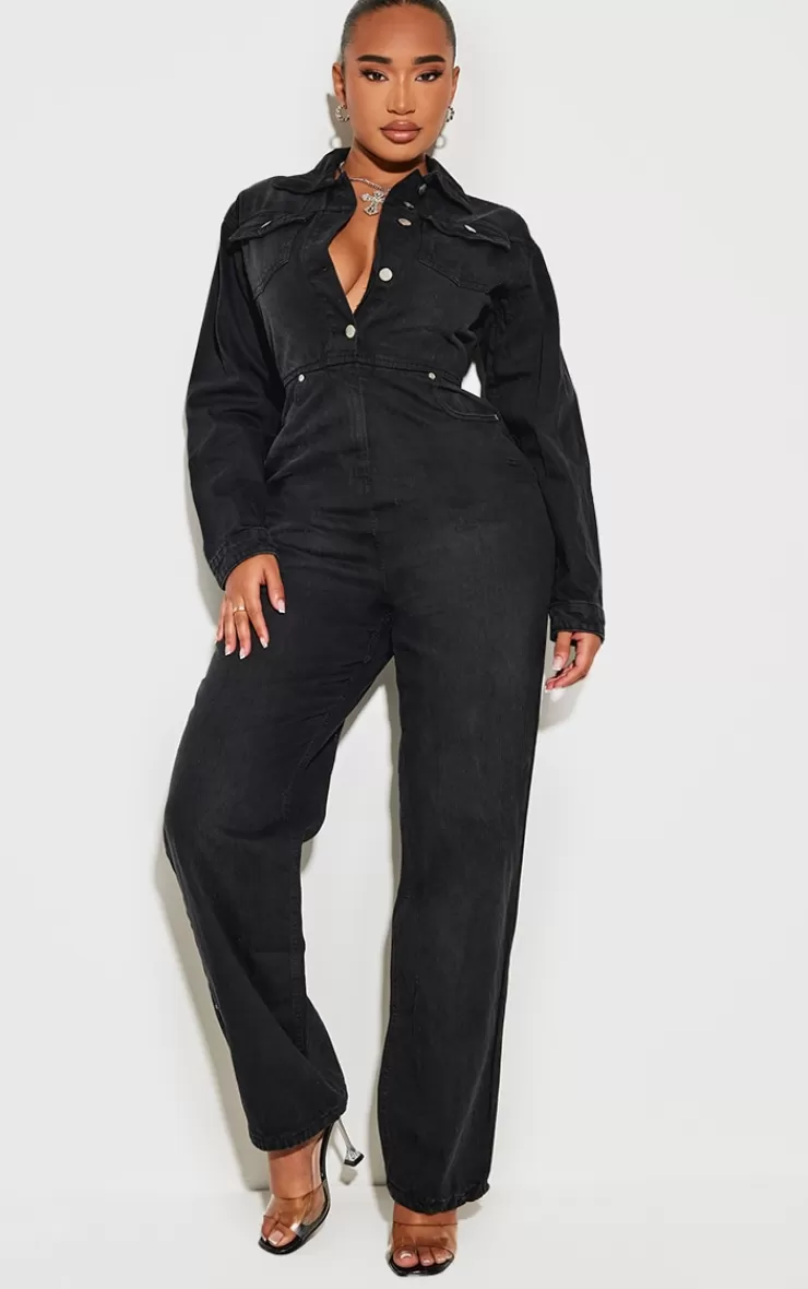 PrettyLittleThing Shape Long Sleeve Rigid Denim Jumpsuit< Going Out