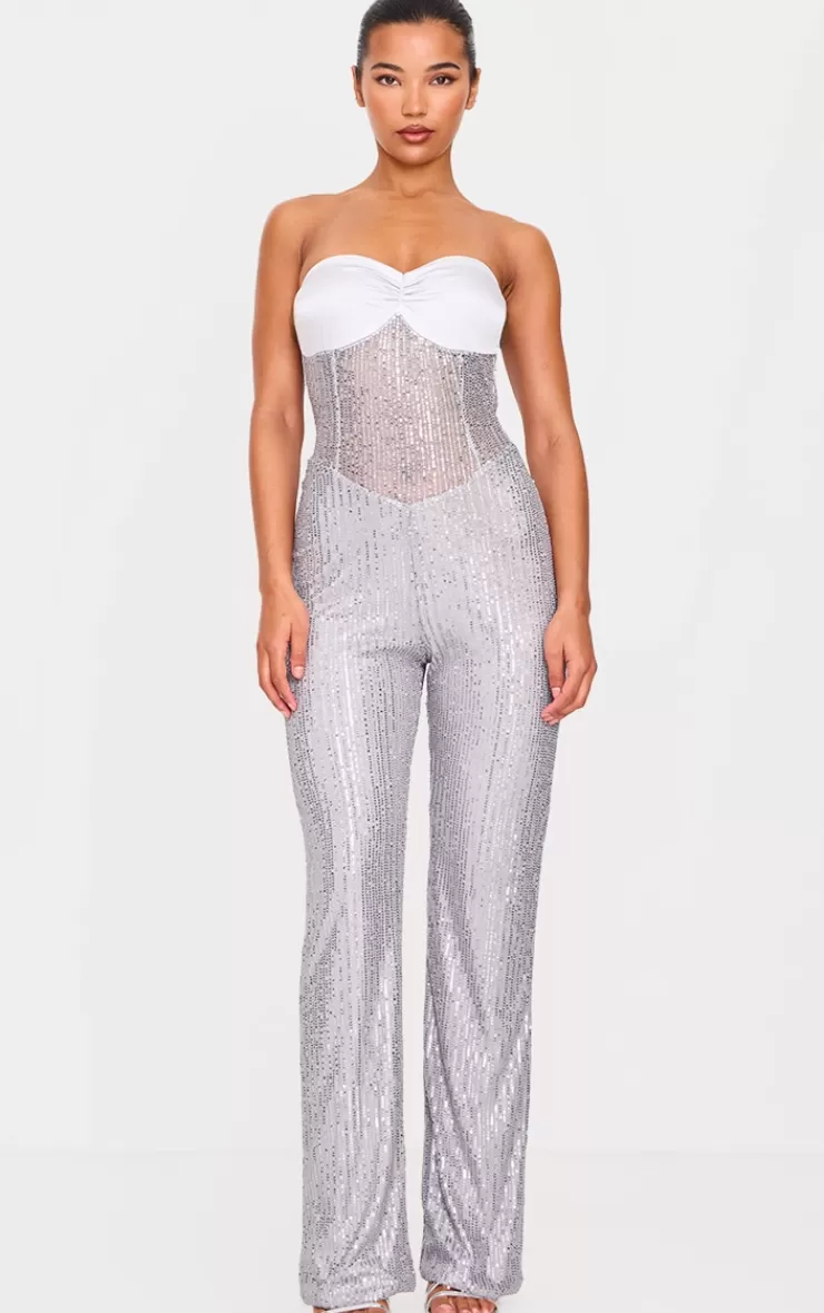 PrettyLittleThing Sequin Bandeau Sheer Panel Jumpsuit< New Years Eve