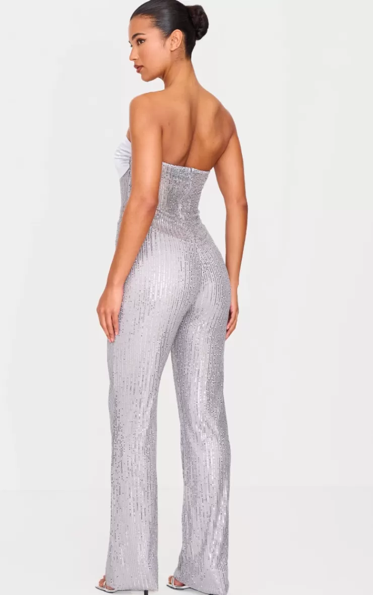 PrettyLittleThing Sequin Bandeau Sheer Panel Jumpsuit< New Years Eve