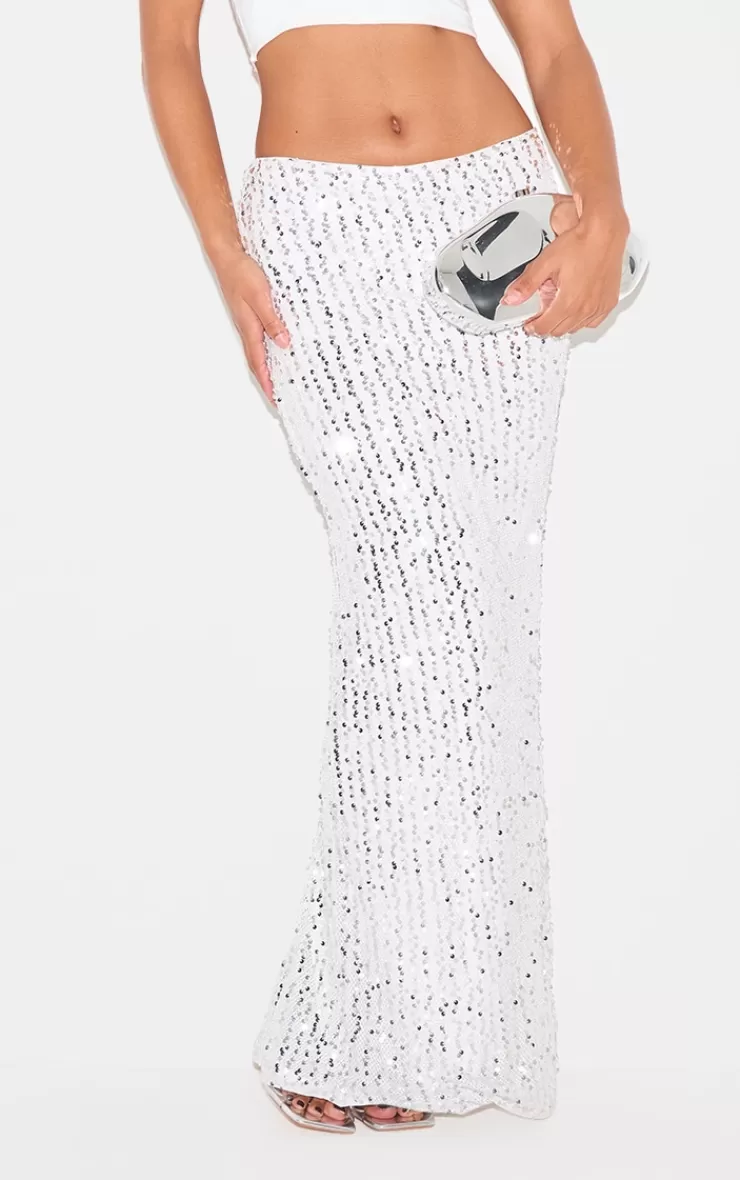 PrettyLittleThing Sequin Embellished Low Rise Drapey Maxi Skirt< New Years Eve