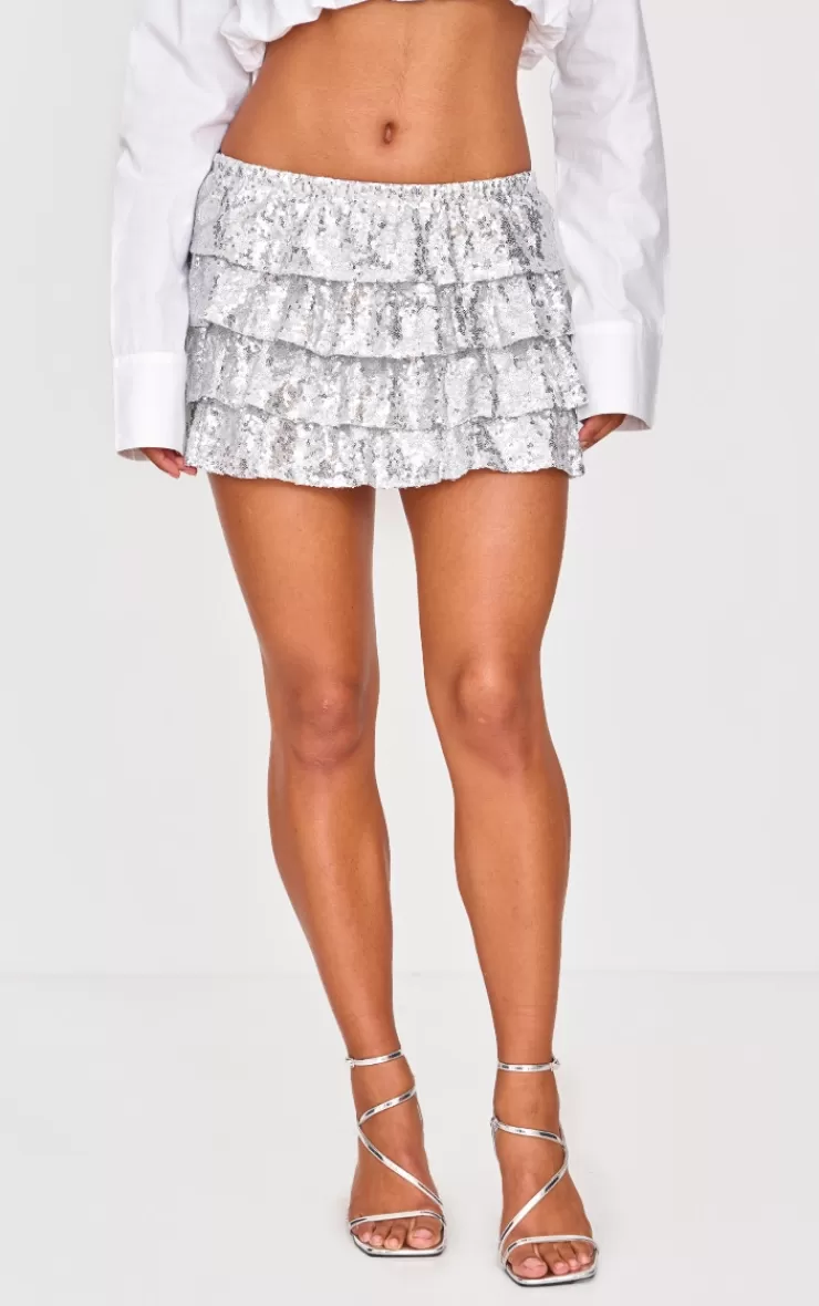 PrettyLittleThing Sequin Frilly Tiered Mini Skirt< Going Out
