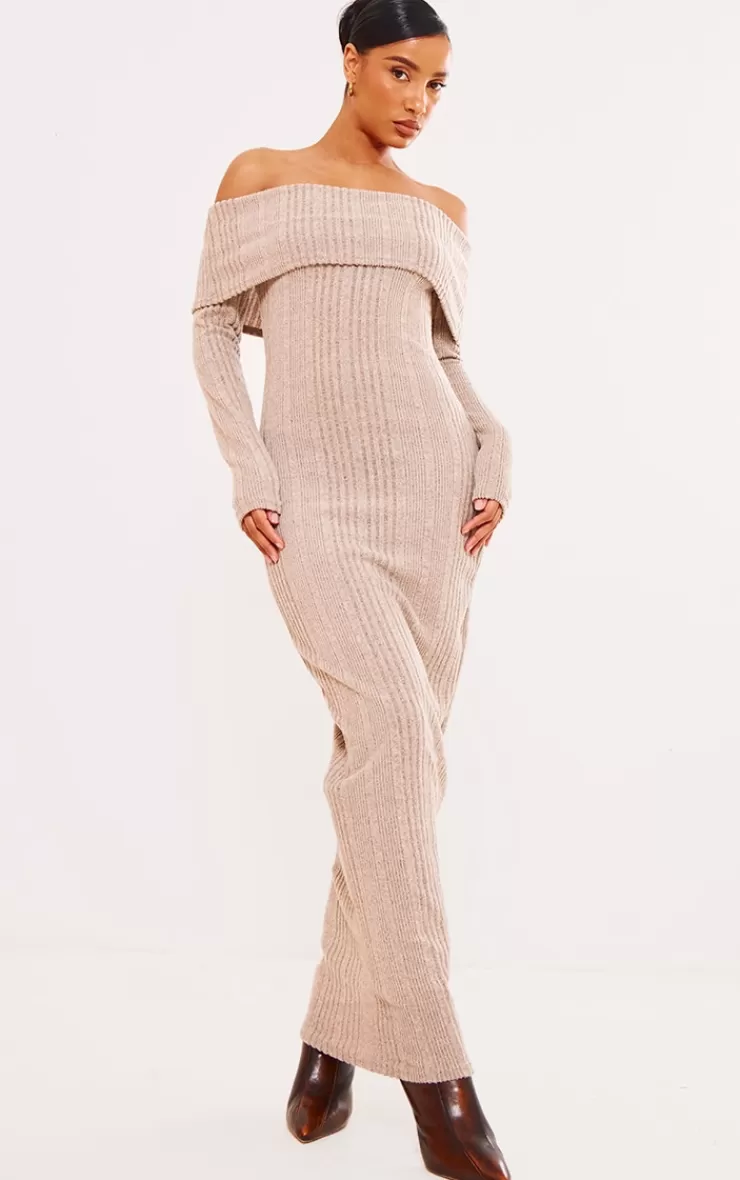 PrettyLittleThing Brushed Rib Oversized Bardot Maxi Dress< Maxi Dresses