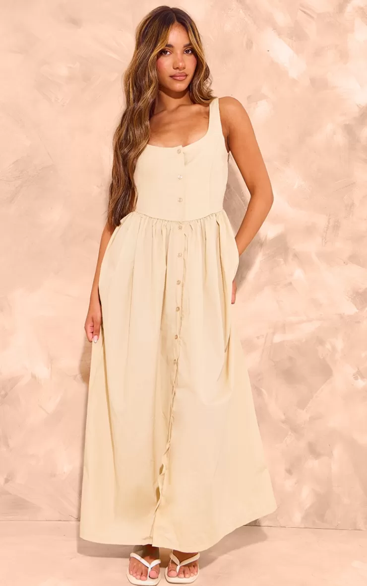 PrettyLittleThing Button Up Poplin Midaxi Dress< Midi Dresses