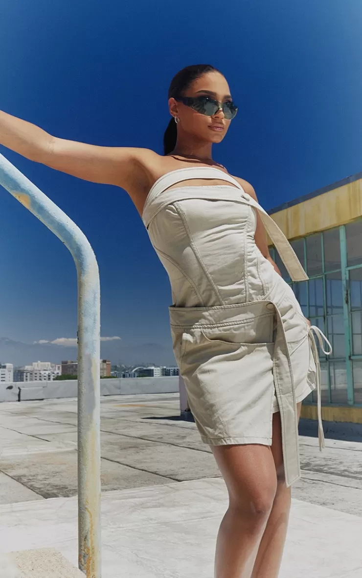 PrettyLittleThing Contrast Stitch Strap Detail Wrap Skirt Bandeau Bodycon Dress< Wrap Dresses