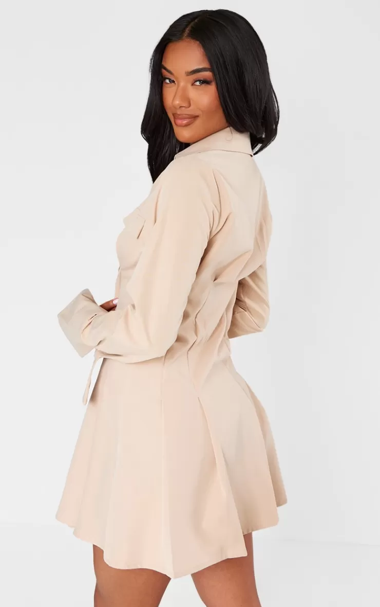 PrettyLittleThing Cotton Poplin Pleated Flared Sleeve Shirt Dress< Shirt Dresses