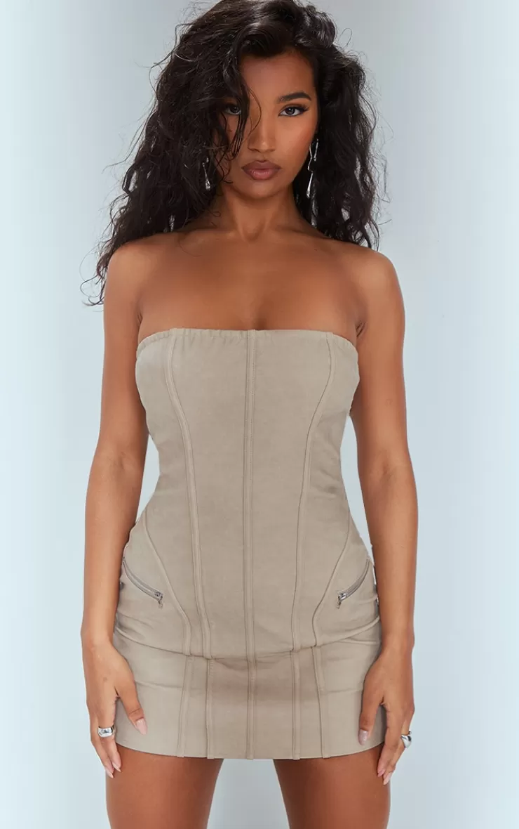 PrettyLittleThing Distressed PU Bandeau Zip Detail Bodycon Dress< Strapless Dresses