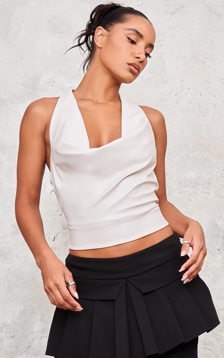 PrettyLittleThing Faux Leather Cowl Peplum Long Top< Going Out