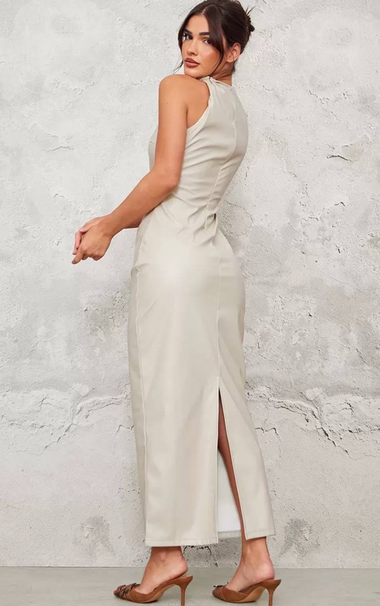 PrettyLittleThing Faux Leather High Neck Twist Shoulder Maxi Dress< Maxi Dresses