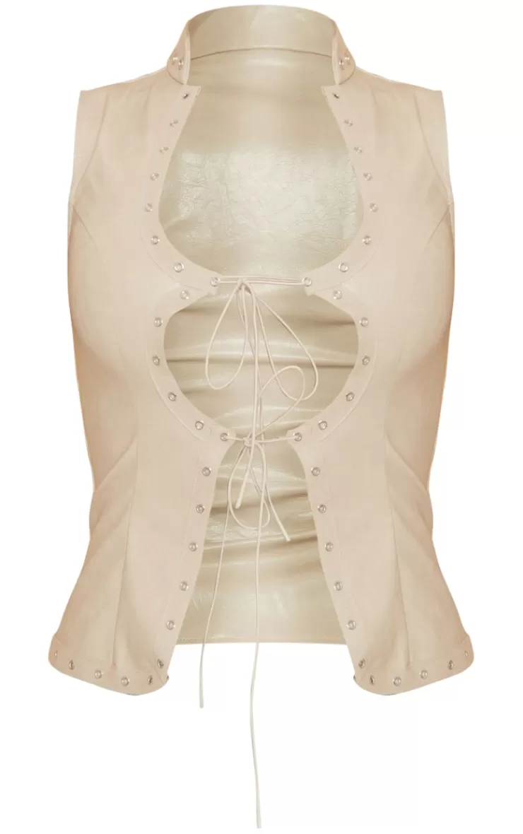 PrettyLittleThing Faux Leather Lace Up Cut Out Plunge Sleeveless Long Top< Going Out