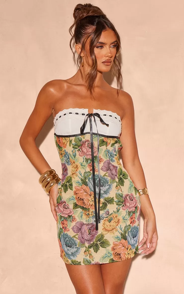 PrettyLittleThing Floral Twill Contrast Bandeau Bodycon Dress< Strapless Dresses