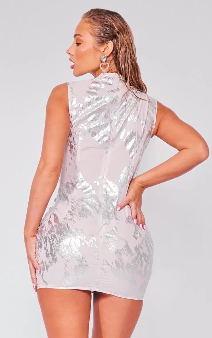 PrettyLittleThing Stone Foil Print Woven Ruched Sleeveless Bodycon Dress< Bodycon Dresses