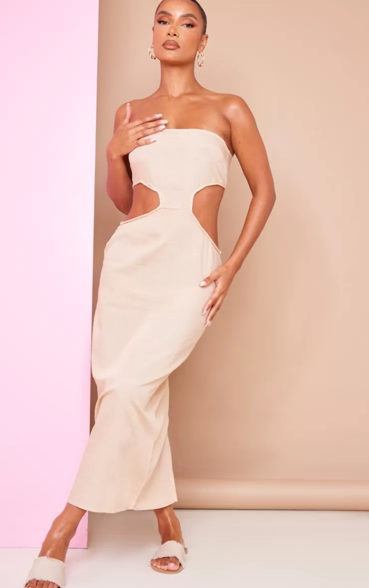 PrettyLittleThing Linen Look Bandeau Side Cut Out Maxi Dress< Strapless Dresses