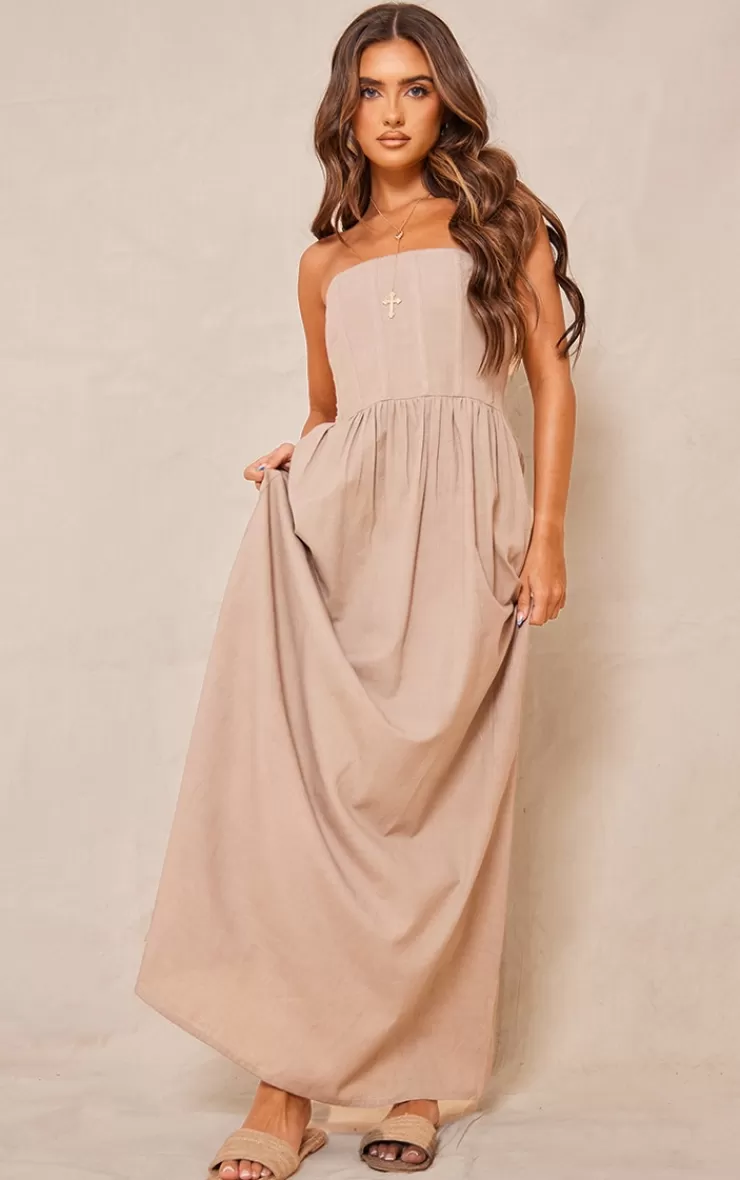 PrettyLittleThing Linen Look Corset Bandeau Maxi Dress< Strapless Dresses