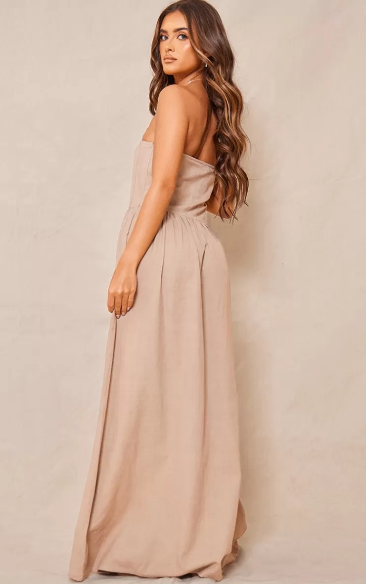 PrettyLittleThing Linen Look Corset Bandeau Maxi Dress< Strapless Dresses
