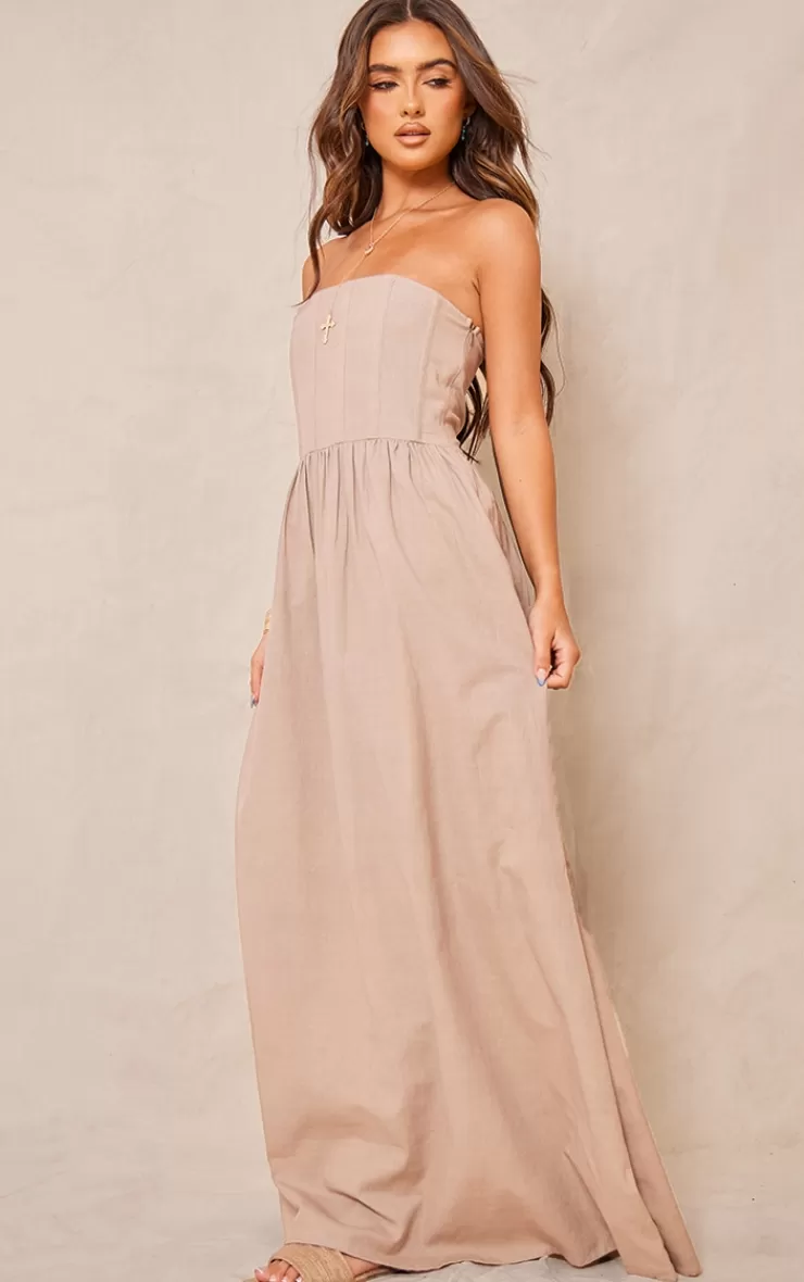 PrettyLittleThing Linen Look Corset Bandeau Maxi Dress< Strapless Dresses