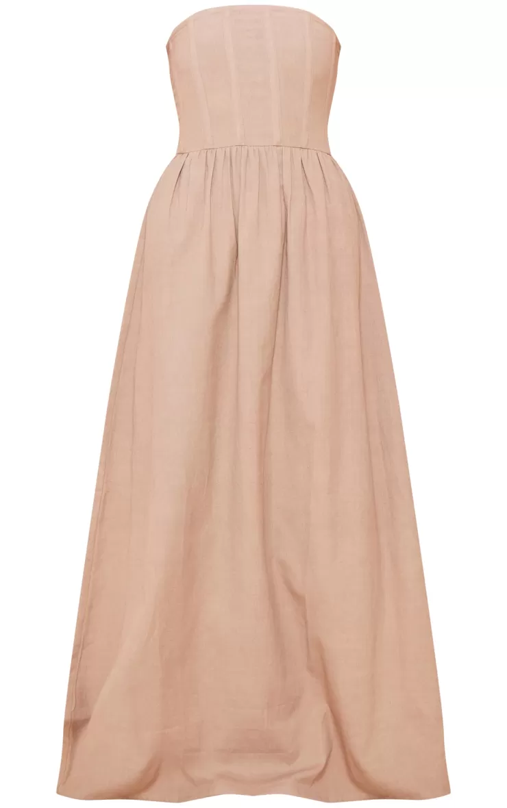 PrettyLittleThing Linen Look Corset Bandeau Maxi Dress< Strapless Dresses