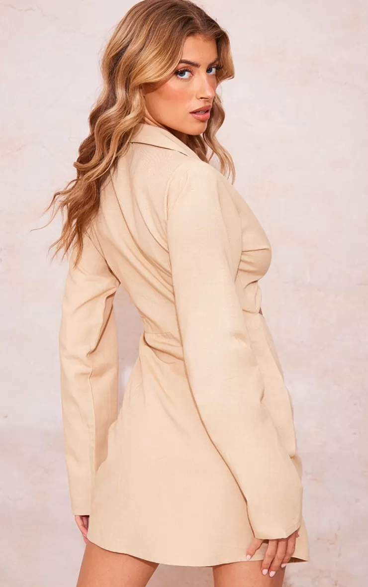 PrettyLittleThing Linen Look Trim Detail Cut Out Blazer Dress< Mini Dresses