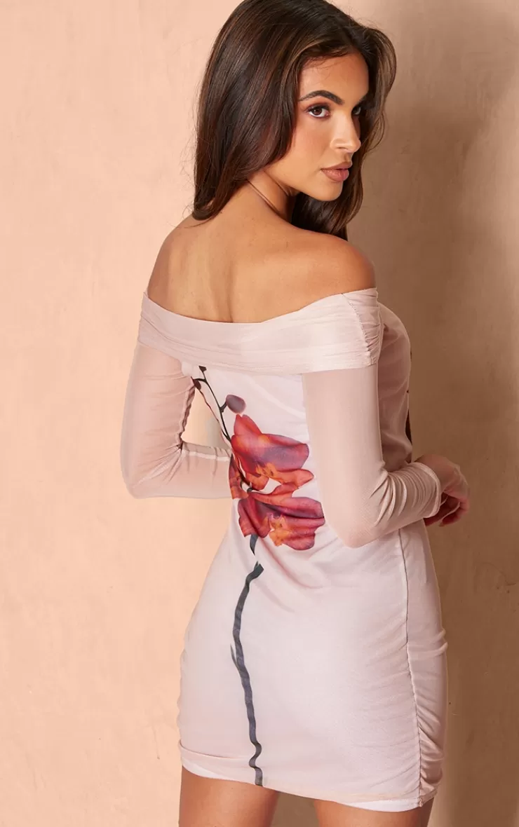 PrettyLittleThing Mesh Floral Printed Bardot Long Sleeve Mini Dress< Mini Dresses