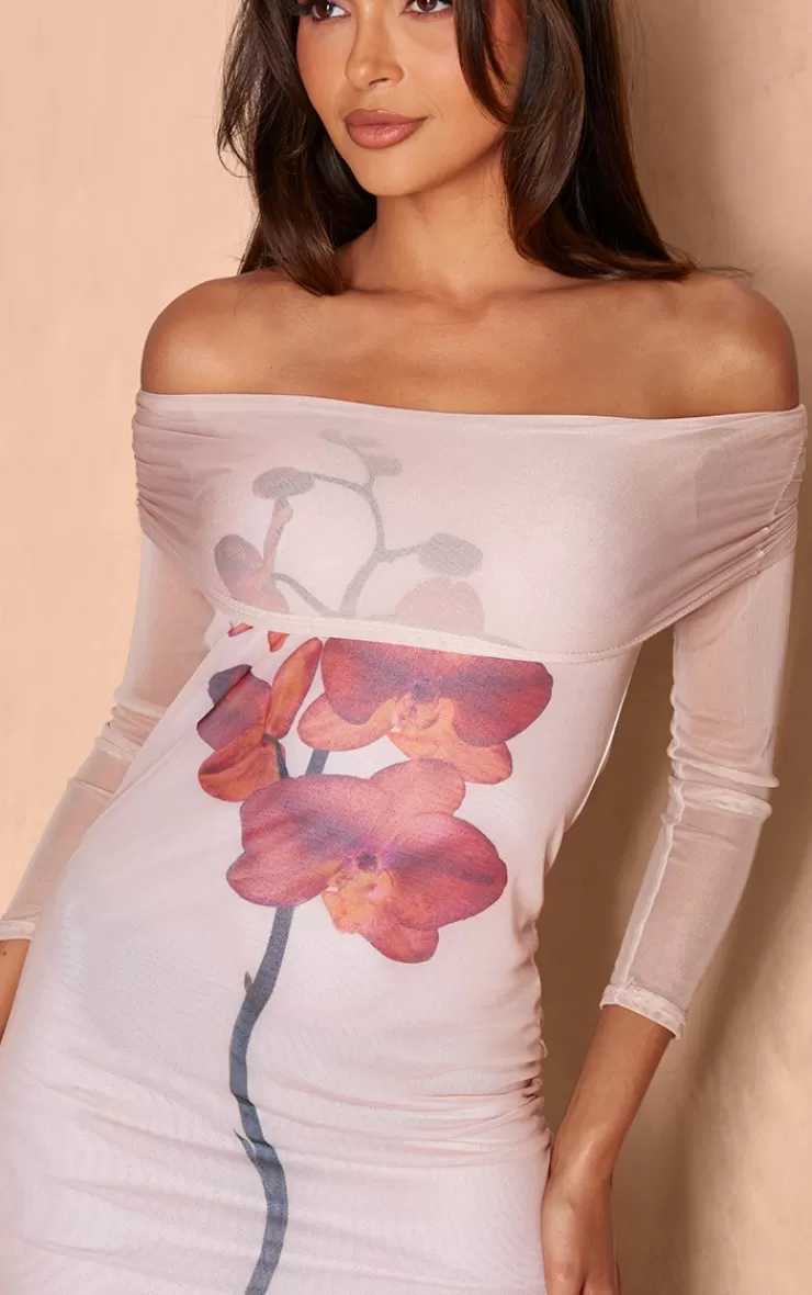 PrettyLittleThing Mesh Floral Printed Bardot Long Sleeve Mini Dress< Mini Dresses