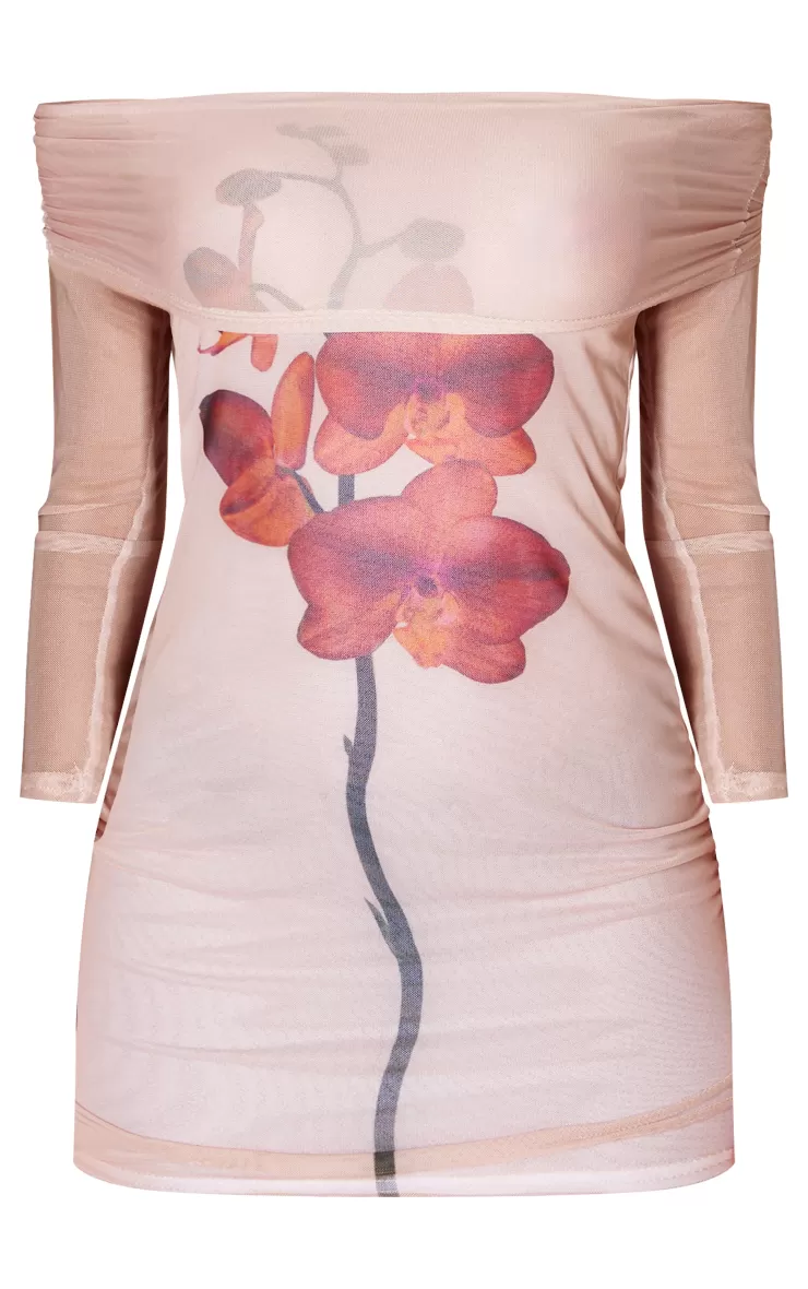 PrettyLittleThing Mesh Floral Printed Bardot Long Sleeve Mini Dress< Mini Dresses