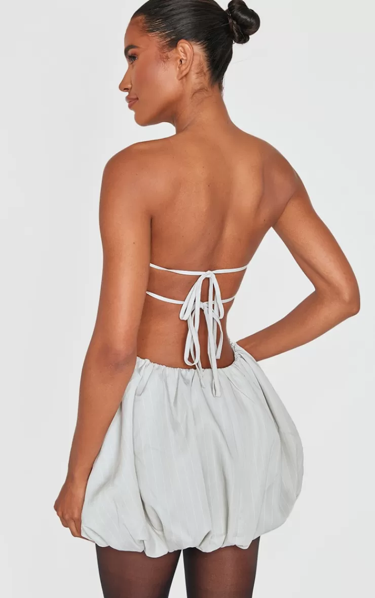 PrettyLittleThing Pinstripe Bandeau Tie Back Puffball Mini Dress< Strapless Dresses