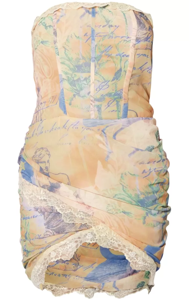 PrettyLittleThing Renaissance Print Lace Trim Corset Bodycon Dress< Going Out