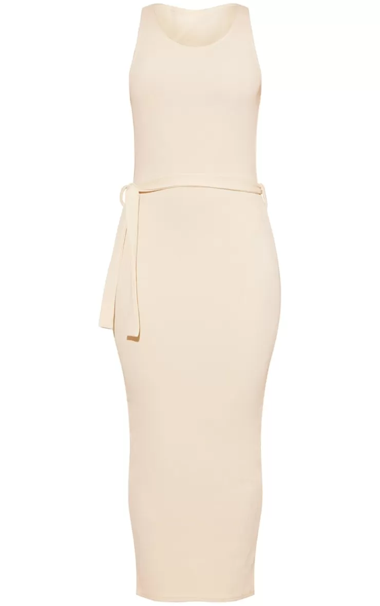 PrettyLittleThing Rib Cut Out Back Detail Tie Waist Midaxi Dress< Midi Dresses